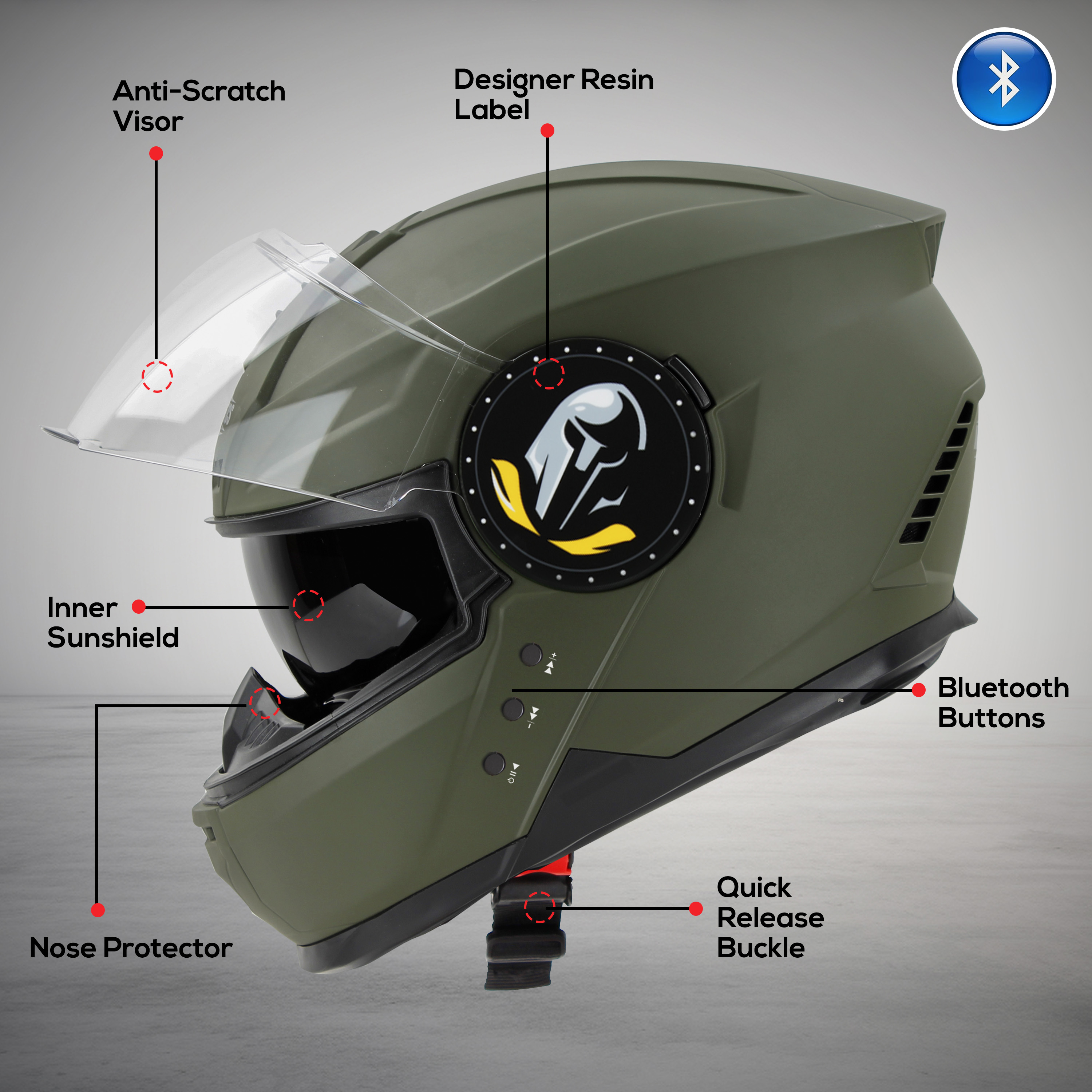 Steelbird Bluetooth Full Face ISI Certified Helmet For Men With Inner Smoke Sun Shield | SBH-40 7Wings (Matt Battle Green)