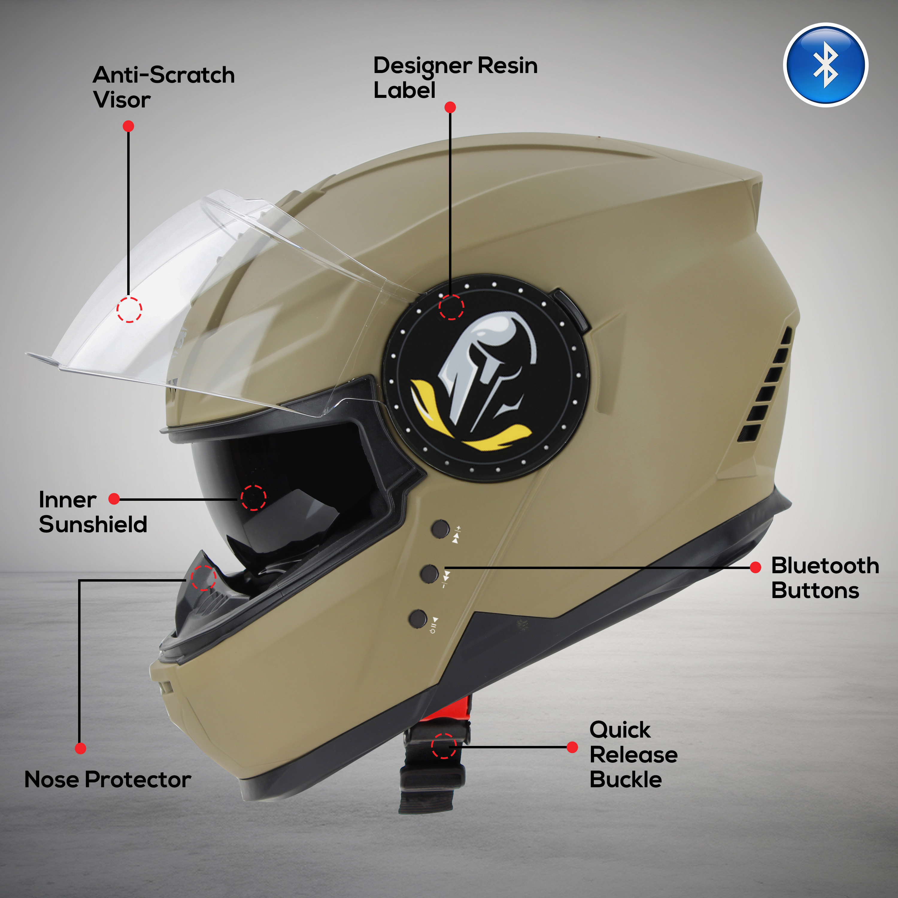 Steelbird Bluetooth Full Face ISI Certified Helmet For Men With Inner Smoke Sun Shield | SBH-40 7Wings (Matt Desert Storm)