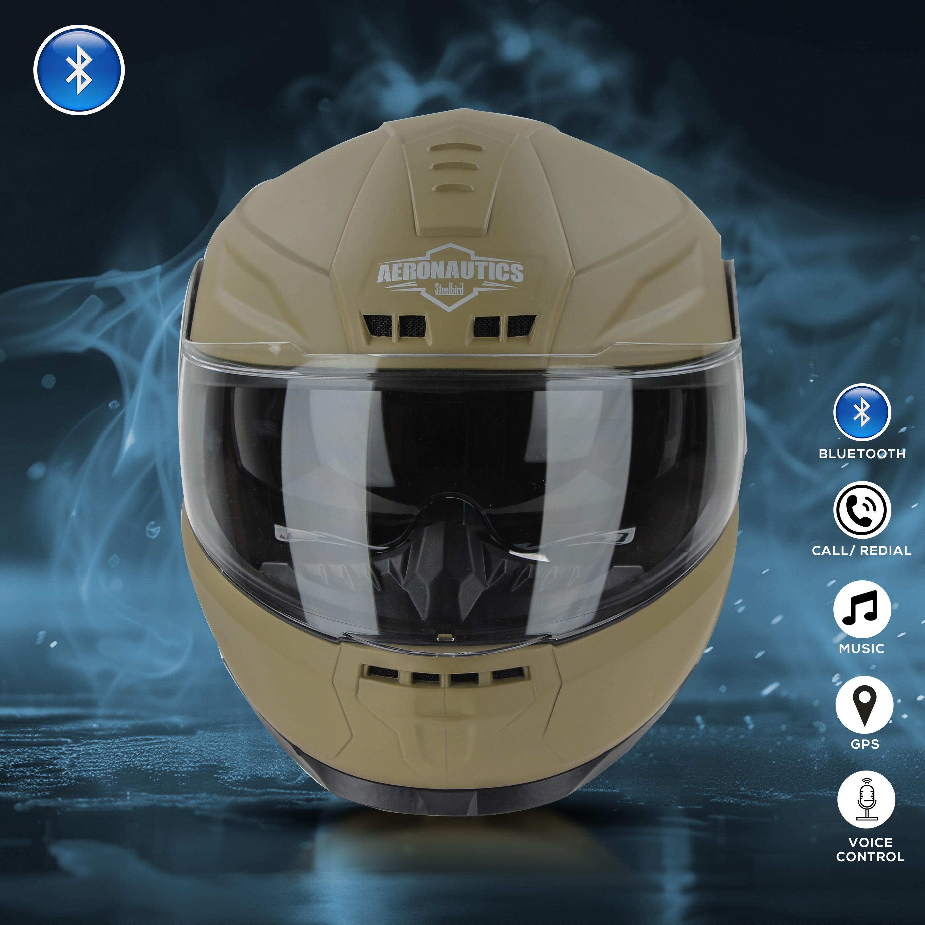 Steelbird Bluetooth Full Face ISI Certified Helmet For Men With Inner Smoke Sun Shield | SBH-40 7Wings (Matt Desert Storm)