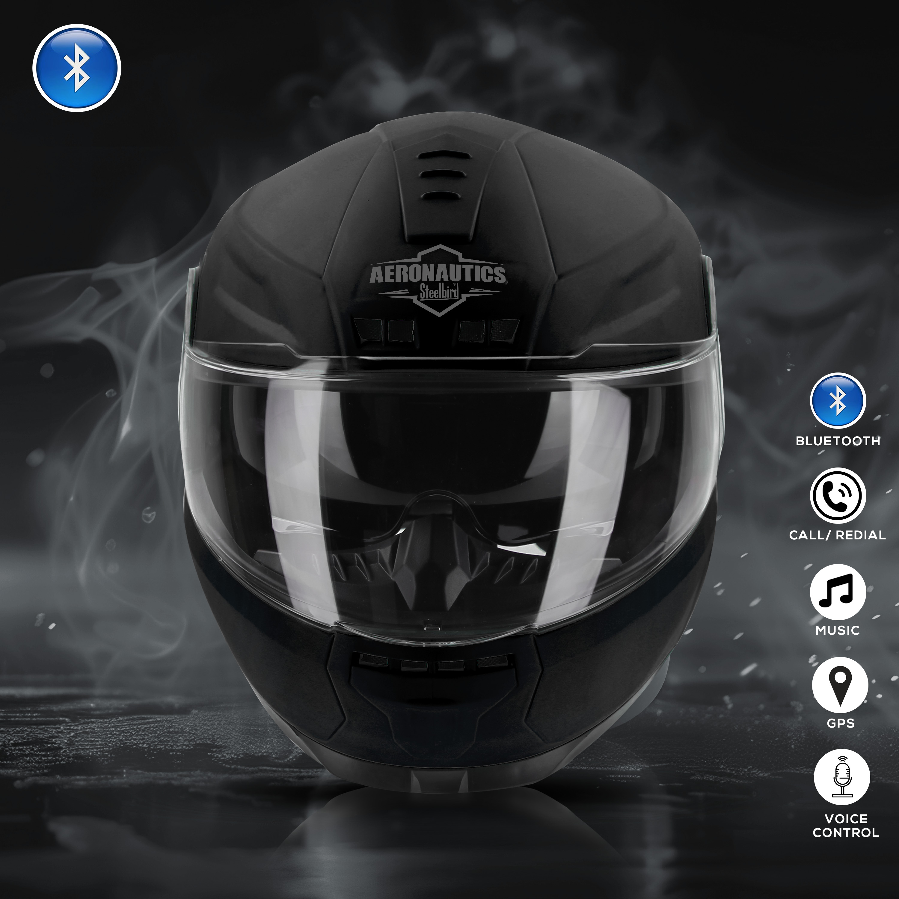 Steelbird Bluetooth Full Face ISI Certified Helmet For Men With Inner Smoke Sun Shield | SBH-40 7Wings (Dashing Black)