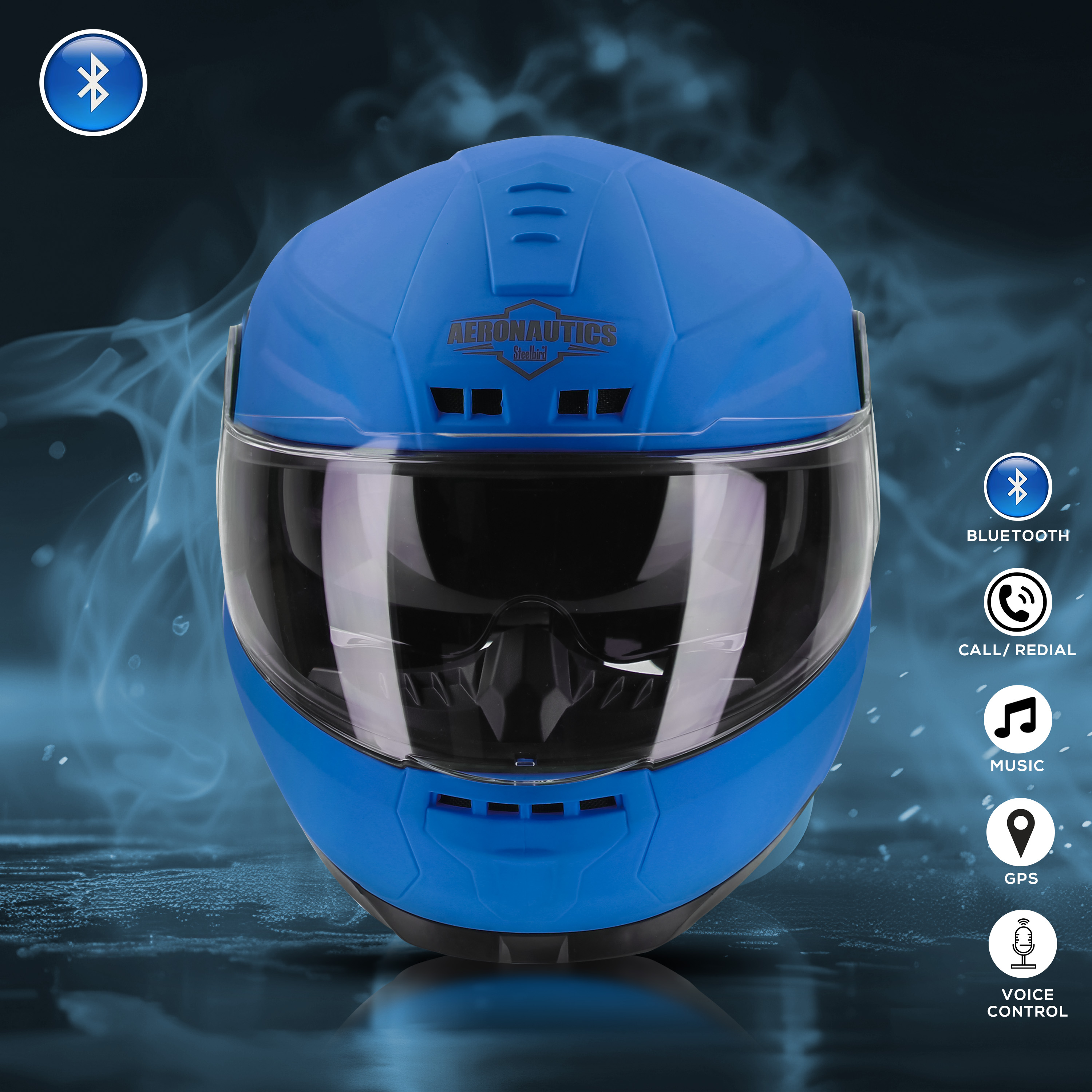 Steelbird Bluetooth Full Face ISI Certified Helmet For Men With Inner Smoke Sun Shield | SBH-40 7Wings (Dashing Blue)