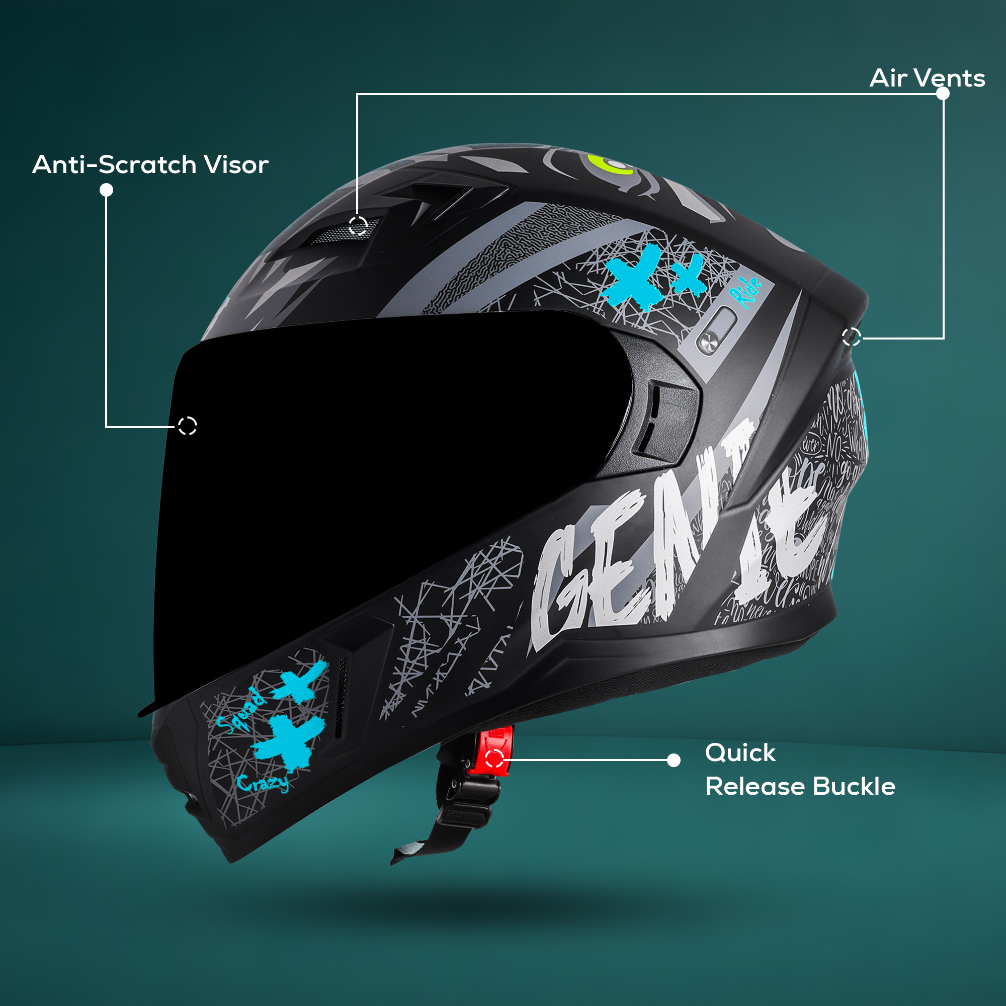 Steelbird SBA-21 Genie ISI Certified Full Face Graphic Helmet For Men And Women (Glossy Black Jazz Blue With Smoke Visor)