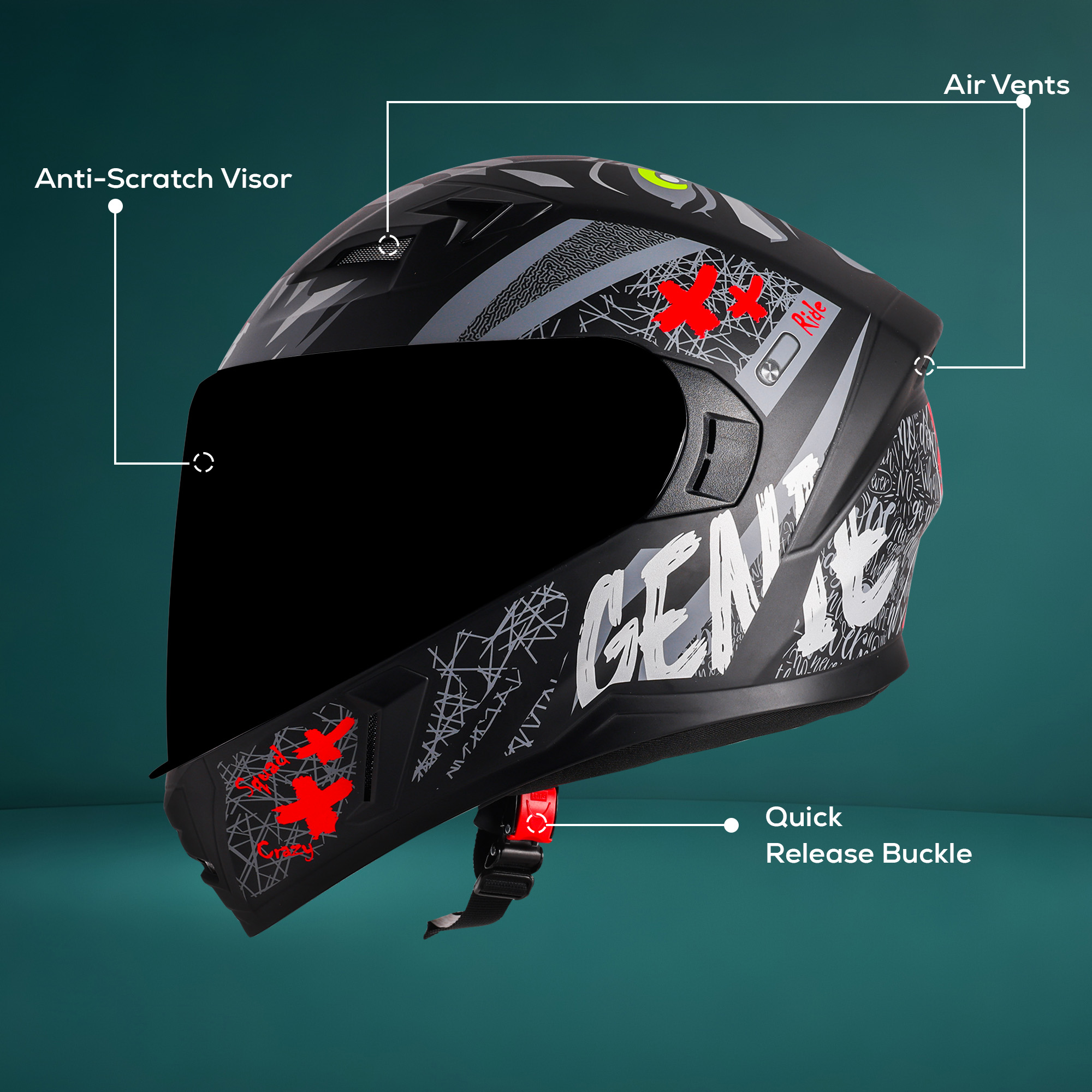 Steelbird SBA-21 Genie ISI Certified Full Face Graphic Helmet For Men And Women (Glossy Black Red With Smoke Visor)