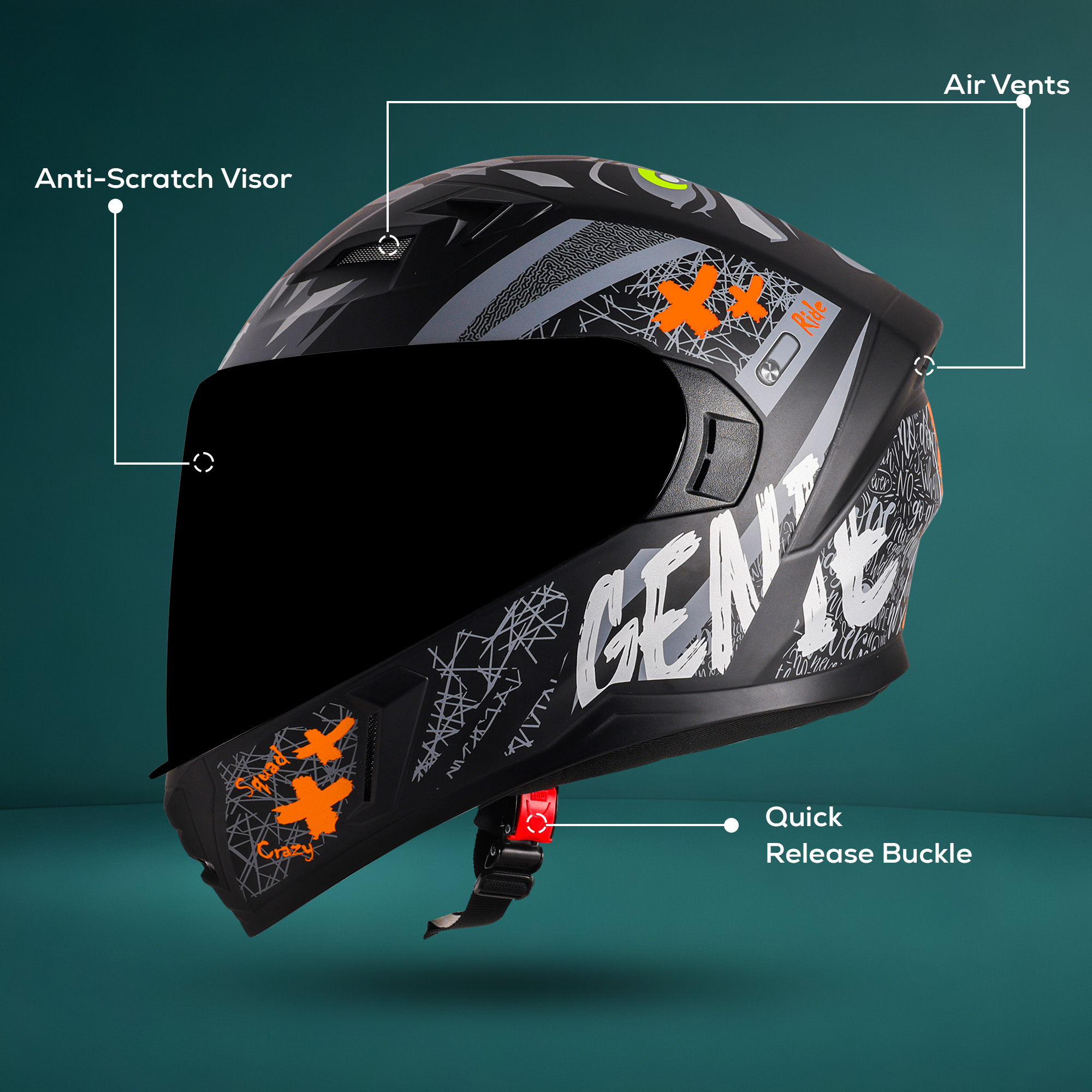 Steelbird SBA-21 Genie ISI Certified Full Face Graphic Helmet For Men And Women (Glossy Black Orange With Smoke Visor)