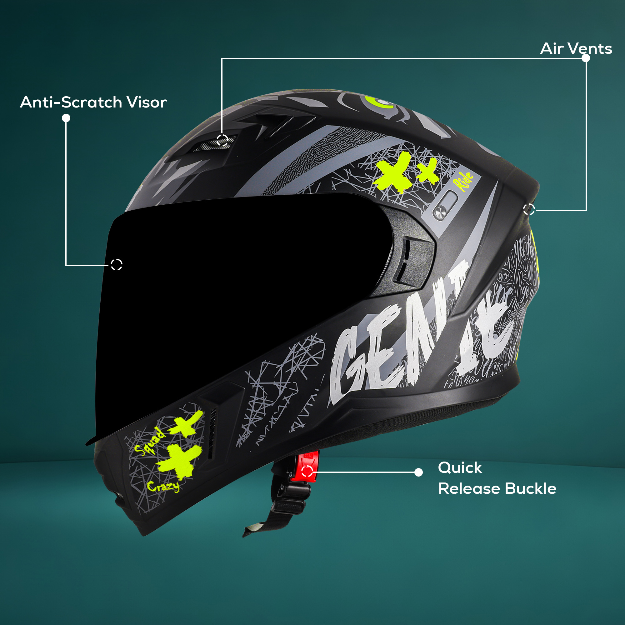 Steelbird SBA-21 Genie ISI Certified Full Face Graphic Helmet For Men And Women (Glossy Black Neon With Smoke Visor)