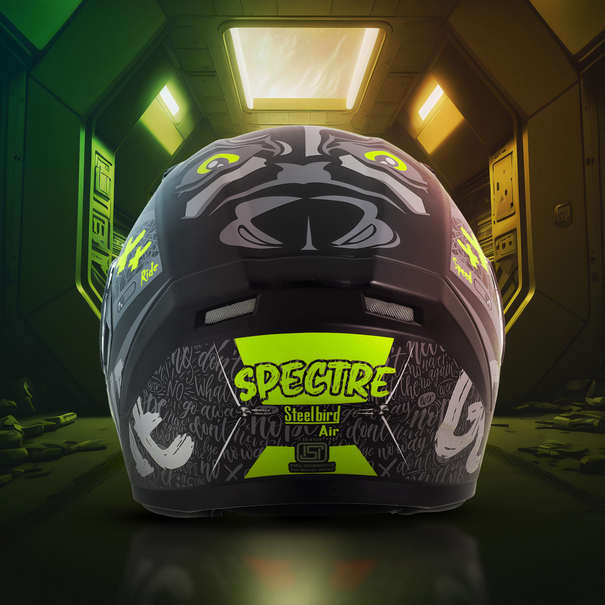 Steelbird SBA-21 Genie ISI Certified Full Face Graphic Helmet For Men And Women (Glossy Black Neon With Smoke Visor)